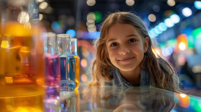 Smiling girl at a science exhibition, surrounded by colorful test tubes and beakers, enjoying the interactive displays.