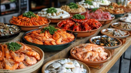 Fototapeta premium seafood dishes top view, beautifully served on the table, including shrimp, mussels and oysters, crayfish and lemons. Concept: Restaurant menu, gourmet cuisine