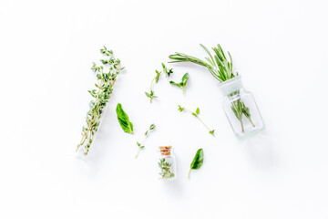 Homeopathy with leaves and healing herbs on white background top