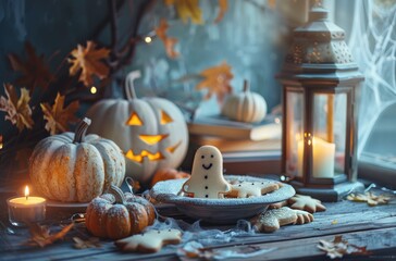 White Gingerbread Cookies With Pumpkins and Candles for a Cozy Autumn Evening