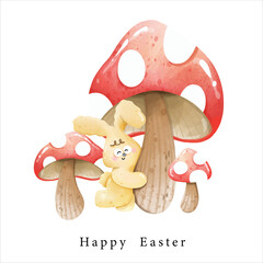 cute smiley bunny with flower and mushroom in spring , Easter Day party.summer mood. seasonal illustration png clipart for card decoration.
