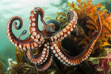 Obraz premium A giant octopus emerging from its rocky lair, its tentacles swirling gracefully amidst the vibrant underwater flora, illuminated by the sunlight filtering through the water