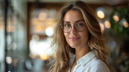 Obraz premium A female real estate agent with long brunette and eyeglass looks into the camera, successful in sales.