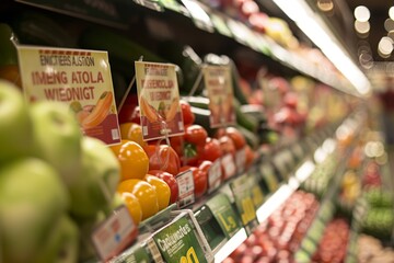 Supermarket Produce Display Highlighting Benefits of Genetically Modified Foods With Customer Reactions