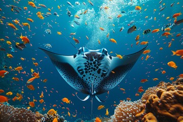 A graceful manta ray gliding effortlessly over a pristine coral reef, surrounded by a kaleidoscope of tropical fish in the deep blue sea