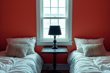 Two cozy, fully visible single beds separated by a stylish table with a black lamp, set against a vibrant solid red background with a window offering a sunny view.