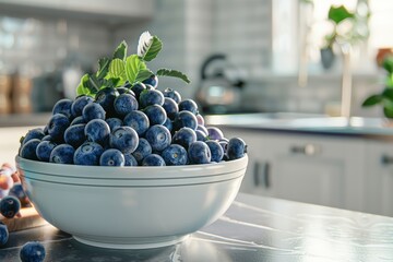 Fresh Genetically Modified Blueberries in a White Bowl on a Kitchen Countertop