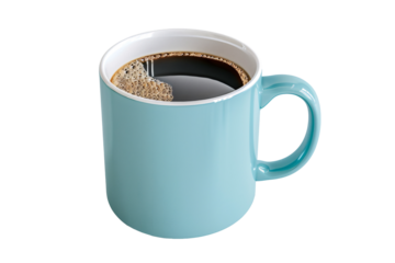 a blue mug with a drink in it