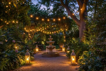 Magical Evening Garden with Illuminated String Lights and Lantern-Lit Pathways for Serene Ambiance