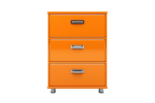 an orange file cabinet with silver handles