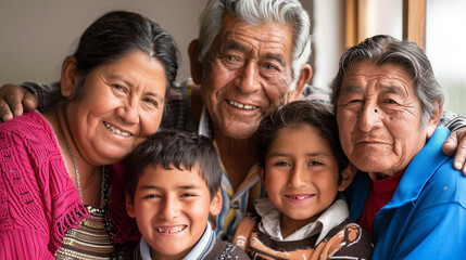 Fototapeta premium copy space, stockphoto, elderly hispanic couple with children and grandchildren, happy family portrait. Happy people portrait with young and older latin people.