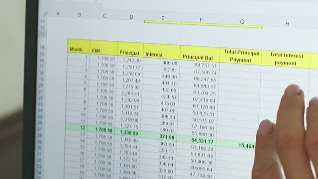 Footage of the woman hand scrolling touch screen of the laptop with loan amortization table open. Accounting
