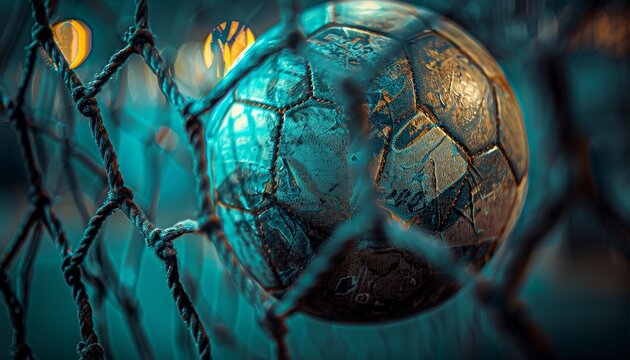 Celebratory moment  handball goal close up captures ball hitting net at summer olympics