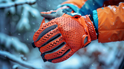 Naklejka premium Close-up of orange gloves being worn in a snowy winter outdoor setting, highlighting warmth and protection against cold.