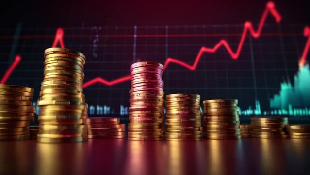 Stacks of gold coins sit in front of a red graph that is trending upwards.