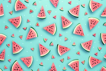 Seamless pattern with watermelons. Watermelon slices isolated on a pastel blue background. Illustration painting