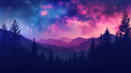 Fototapeta premium cosmic violet and pink starry sky over silhouette forest landscape ai generated hd phone wallpaper