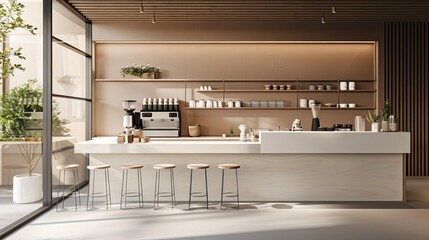 cozy and inviting coffee shop interior with warm beige tones and sleek white countertop featuring modern coffee machinery 3d rendering
