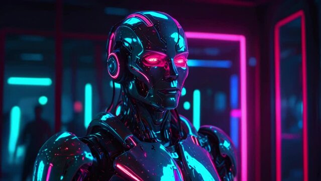 Video of a robot with glowing red eyes and blue and pink neon lights in the background.