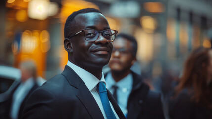 Fototapeta premium Confident businessman in suit and glasses smiles while standing on a busy city street, blending professionalism and charm.