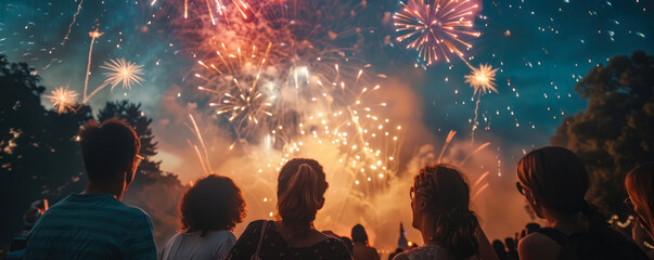 Celebrating Independence Day. Festive atmosphere with fireworks lighting up the sky. Patriotic elements and celebrating people