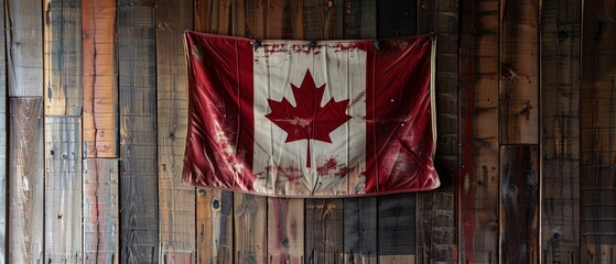 Proudly Canadian - Flag Hanging Against Rustic Wooden Background