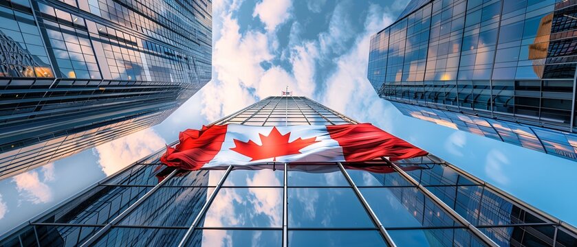 Proudly Canadian - Flag and Modern Architecture Symbolizing Progress and Inclusivity with Copy Space Below