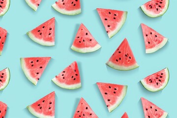 Seamless pattern with watermelons. Watermelon slices isolated on pastel blue background. Illustration painting