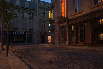 Obraz premium 3D rendered illustration of a fictional Parisian street at night 
