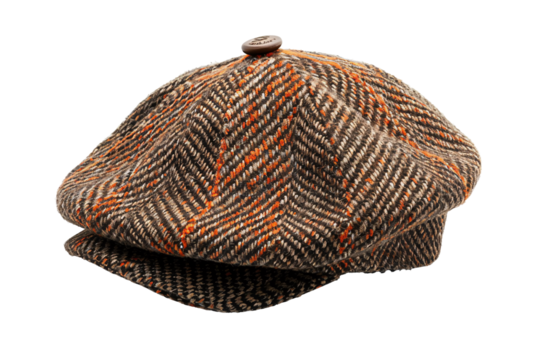 a brown and orange tweed hat