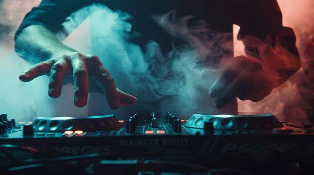 dj mixing music at nightclub strobe lights and fog effects hands on deck controls scratching vinyl edm party concept closeup photo