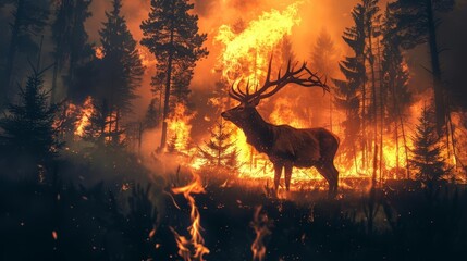 dramatic image of deer surrounded by raging wildfire nature destruction concept digital art