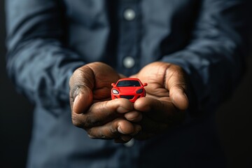 Hand holding toy car   insurance business concept with ample copy space for text placement