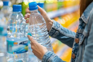Woman s hand choosing plastic water bottle from supermarket shelf in close up view