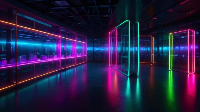 The video is of an empty room with neon lights on the walls and floor. The lights are blue, purple, and green.