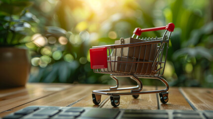 A mini shopping cart filled with small boxes, placed on a wooden table with a green, blurred background. - Powered by Adobe