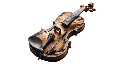 Damaged old  violin  isolated on transparent or white background