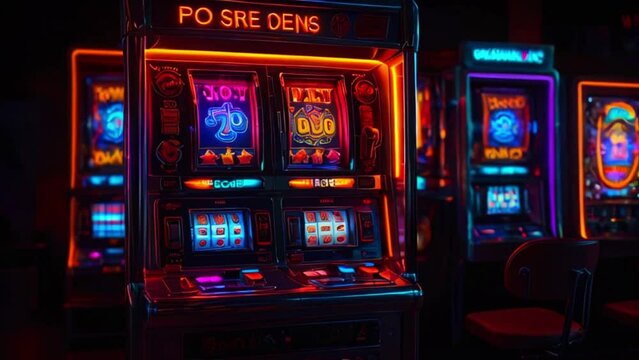 A row of slot machines with bright lights and colorful symbols.