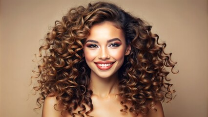 Flawless porcelain complexion, luscious curly locks, and radiant smile on a serene isolated beige background, epitomizing asian beauty standards and cosmetology excellence.