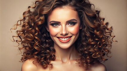 Fototapeta premium Vibrant, flawless, porcelain-like complexion, radiant glow, luminous skin, curly locks, subtle blush, defined features, and bright, beaming smile against a soft, creamy, isolated background.