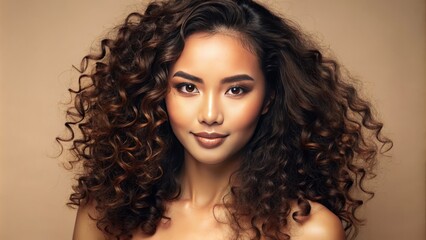 Fototapeta premium Vibrant isolated beige background featuring a stunning close-up portrait of a flawless asian beauty with luscious curly locks and radiant glowing skin.