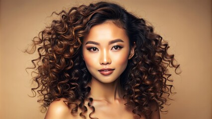 Vibrant isolated beige background featuring a stunning close-up portrait of a flawless asian beauty with luscious curly locks and radiant glowing skin.