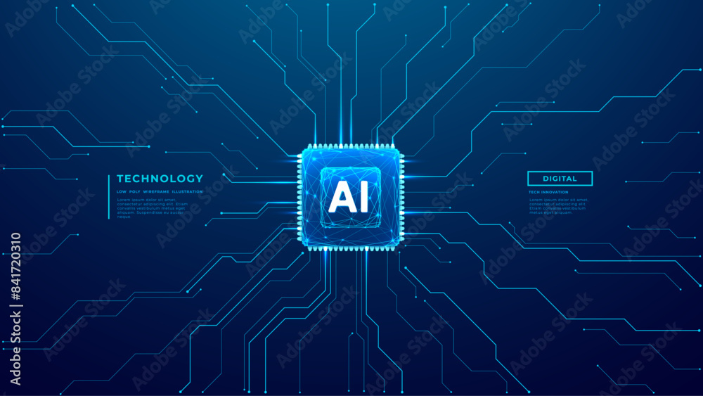Aufkleber AI chip background on technology blue background. Circuit board. Ai Tech bg. Artificial intelligence concept. Vector polygonal wireframe illustration. Free text space. Semiconductor or CPU processor.