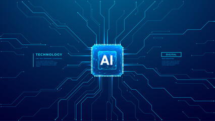Fototapeta premium AI chip background on technology blue background. Circuit board. Ai Tech bg. Artificial intelligence concept. Vector polygonal wireframe illustration. Free text space. Semiconductor or CPU processor.