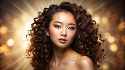 Fototapeta premium Softly lit, beige backdrop showcases a flawless, radiant asian beauty's stunning curly locks and glowing, healthy skin, exemplifying perfect cosmetology and surgical techniques.