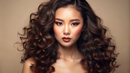 Fototapeta premium Flawless asian-inspired beauty concept featuring radiant glowing skin, luscious curly hair, and stunning makeup against a serene beige background.