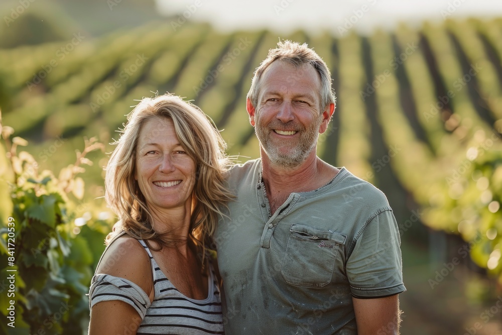 Wall mural Portrait of a glad caucasian couple in their 40s sporting a breathable mesh jersey isolated on backdrop of rolling vineyards - Wall murals