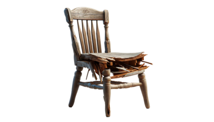 Damaged old wooden chair  isolated on transparent or white background