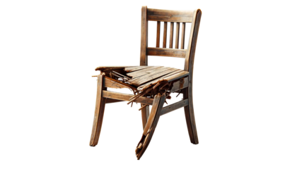 Damaged old wooden chair  isolated on transparent or white background