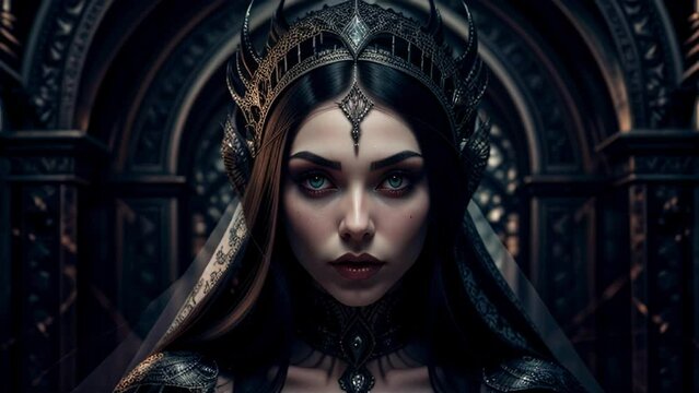 Cinematic scene of a gothic queen in transformation. Seamless loop of a beautiful woman of sinister appearance.